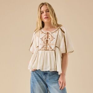 NWT- Altar'd State Cream and Brown Embroidered Top